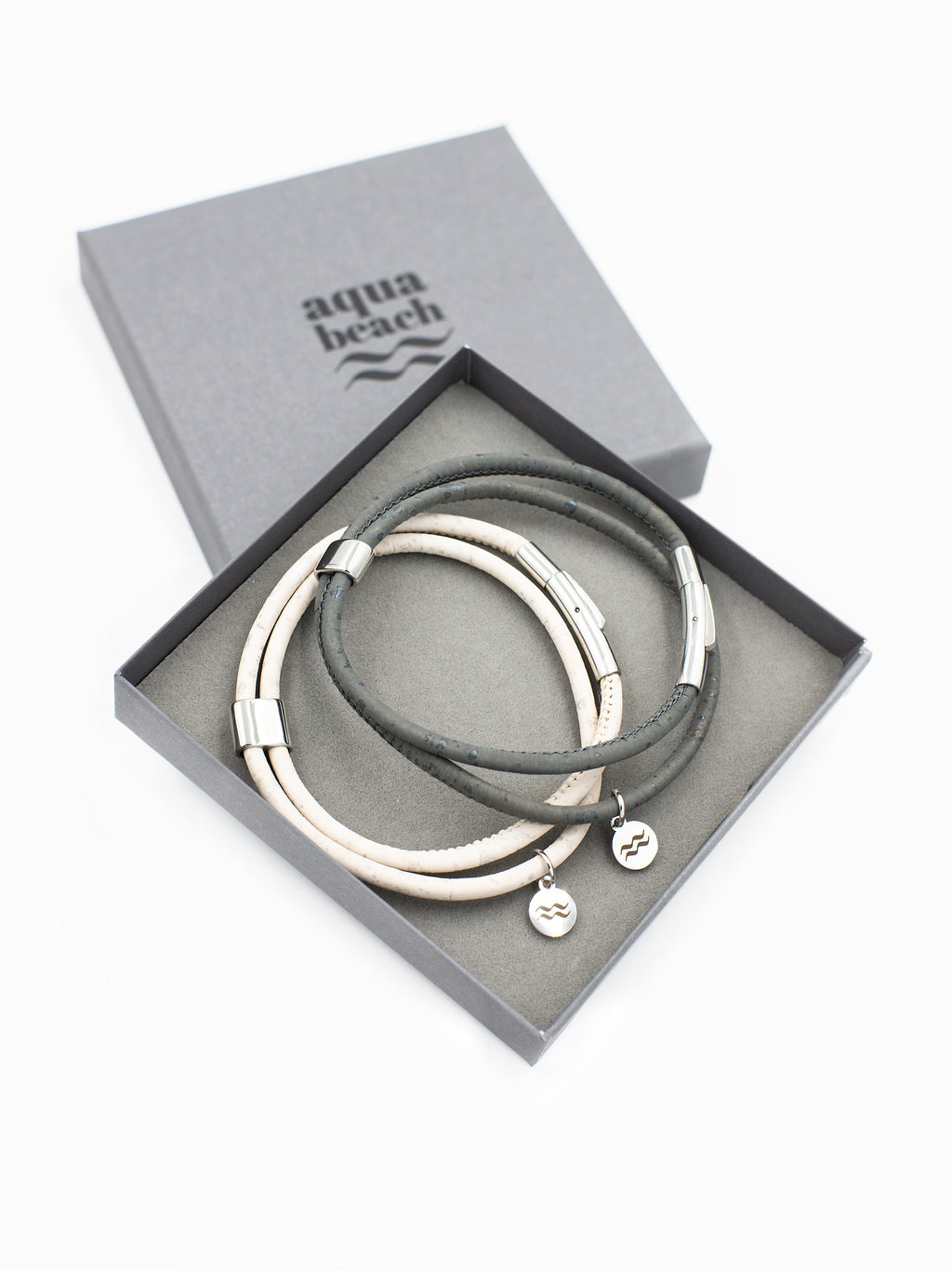 Aqua Beach,  Boxed Double bracelet set, Sustainable Cork, Vegan Leather Bracelet with stainless steel clasp, Beach Jewellery, made in the UK