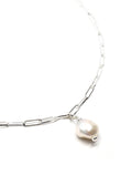 Aqua Beach - Sterling Silver Paper Clip Necklace with Freshwater Pearl